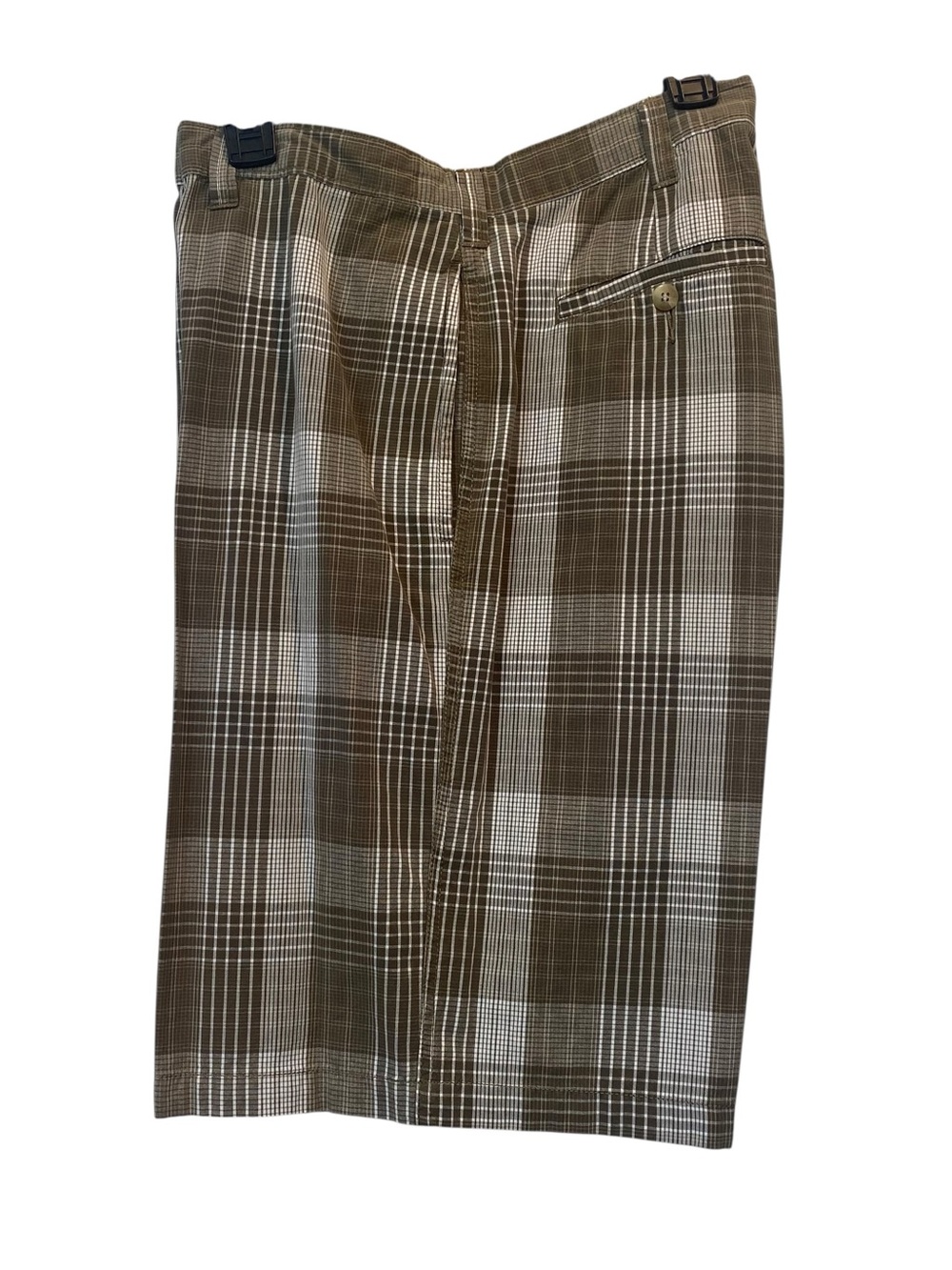 Perry Ellis America Men's size 38 Plaid Flat Front Shorts Olive green white tan